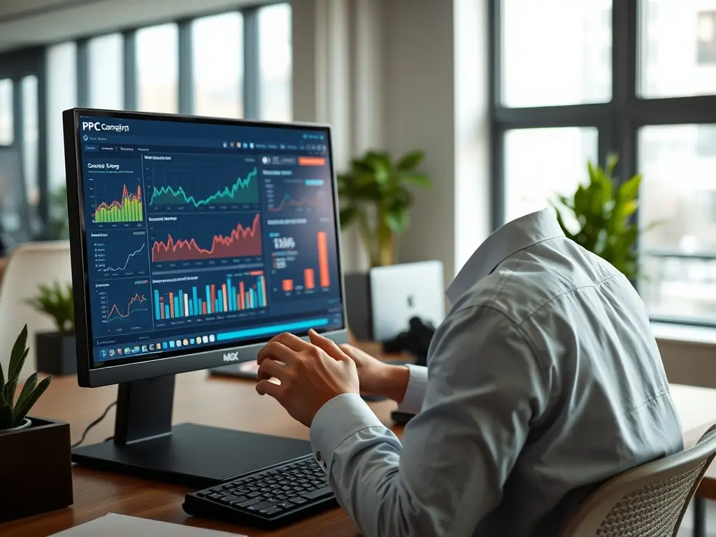 A focused professional is analyzing PPC campaign data on a computer, with charts and graphs illustrating performance metrics in the background, in a modern office setting.