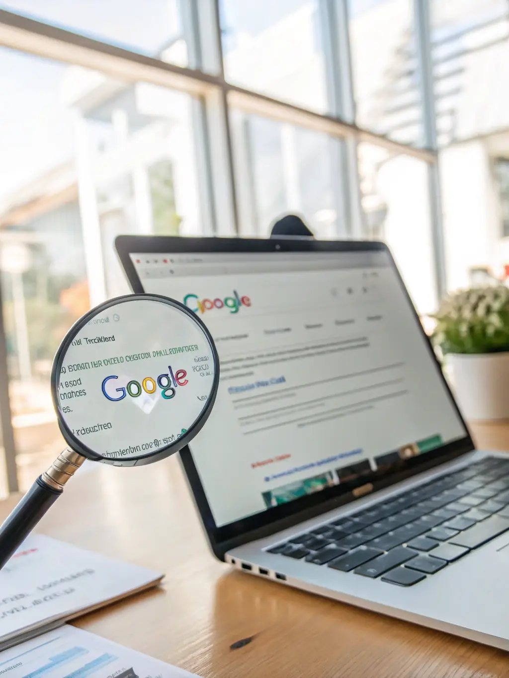 An image of a magnifying glass hovering over a search engine results page, emphasizing the importance of SEM in improving online visibility for TNT Media Marketing's clients.