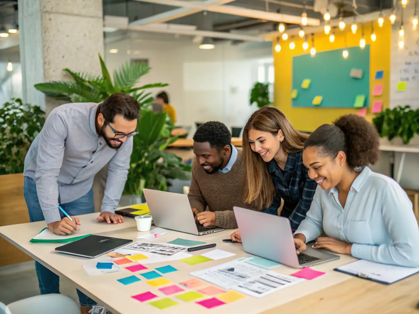 A team of digital marketing specialists collaborating on SEM strategies, reviewing keyword performance and search engine rankings on multiple screens in a collaborative workspace.