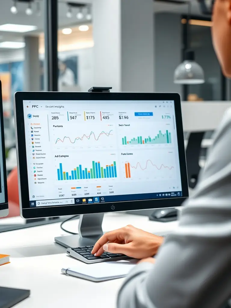 A close-up shot of a computer screen displaying a Google Ads dashboard with various metrics and graphs, highlighting successful PPC campaign performance for TNT Media Marketing.